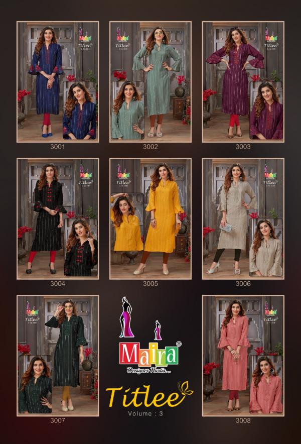 Maira Titlee 3 Beautiful Rayon Embroidery Kurti 